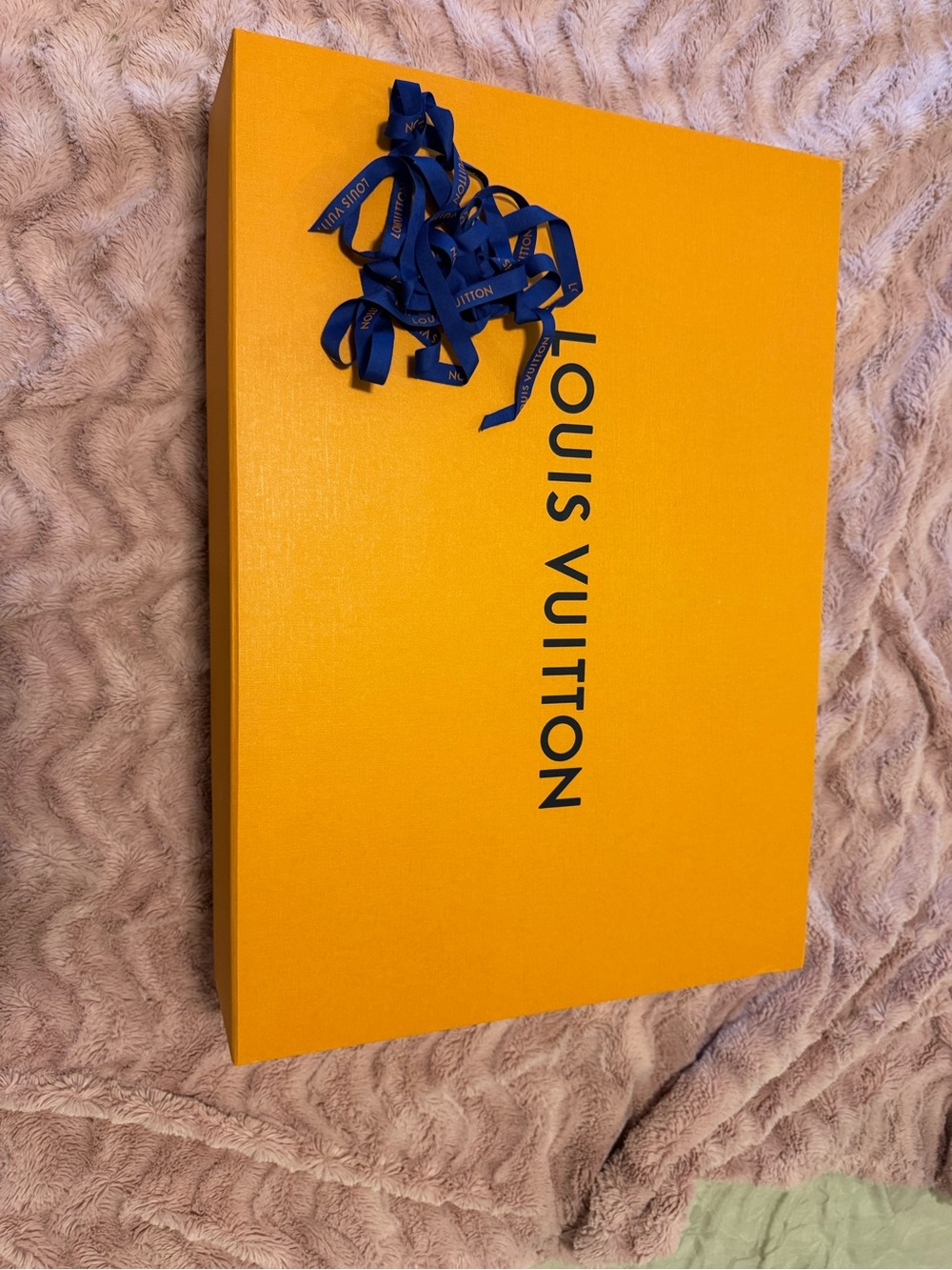 Set of three Louis Vuitton Bright Orange Boxes and shopping bags with Ribbon
